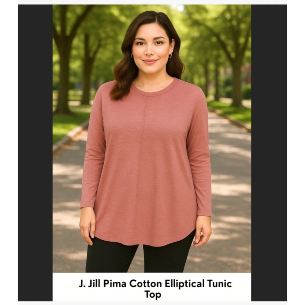 J Jill Womens Pima Cotton Elliptical Tunic Top 1X Pink Long Sleeve Crew Neck